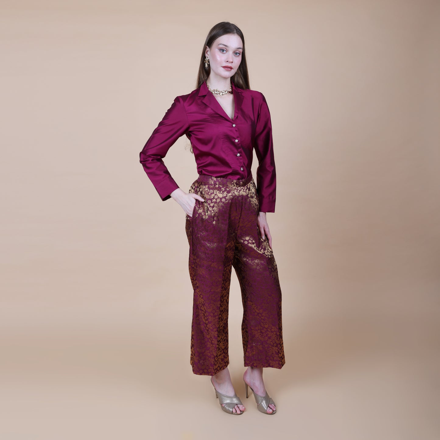 Wine Brocade Pants with Silk Shirt Set