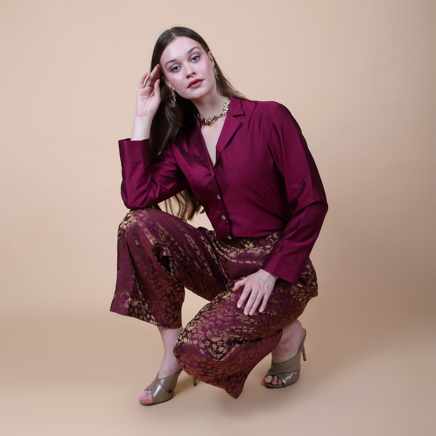Wine Brocade Pants with Silk Shirt Set