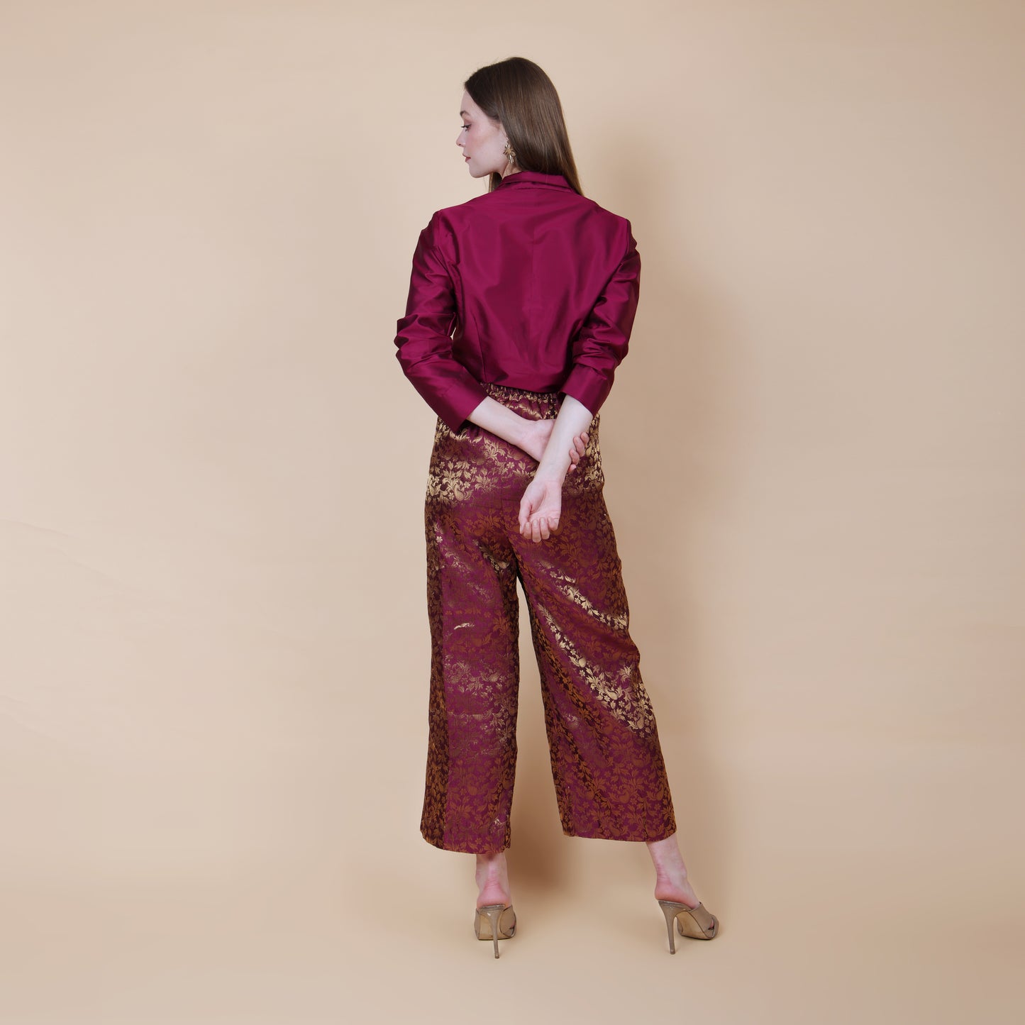 Wine Brocade Pants with Silk Shirt Set