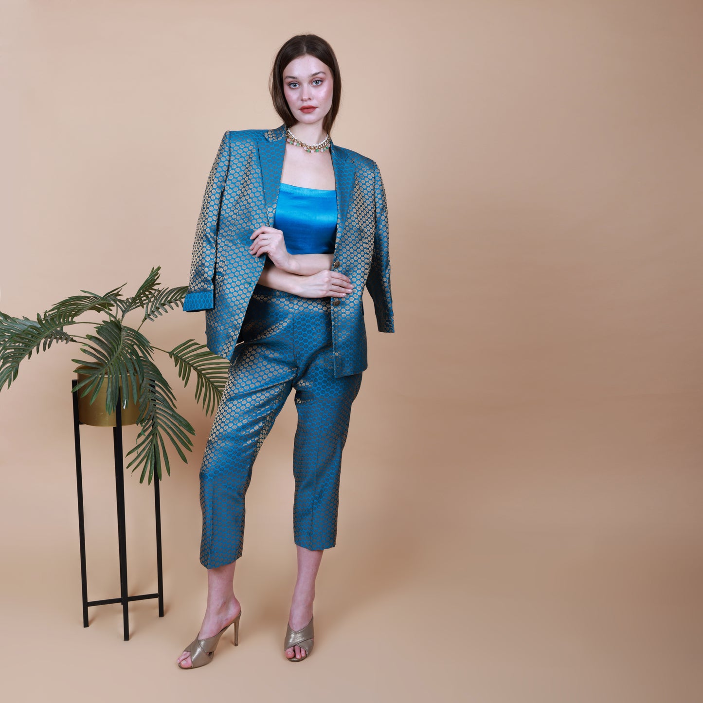 Blue Banarasi Brocade Blazer Pant Set