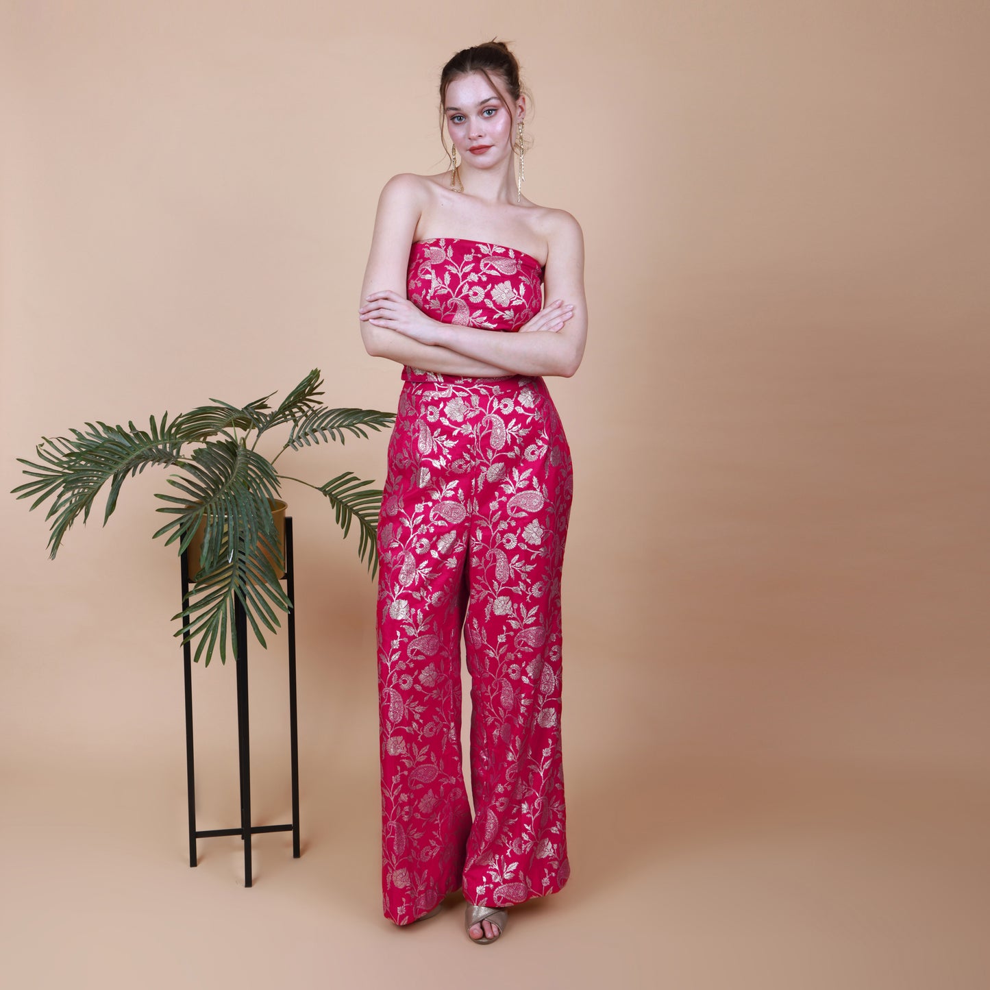 Fuchsia Pink Banarasi Silk off-Shoulder Jump Suit