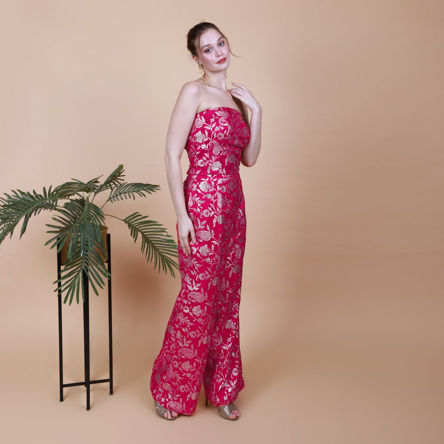 Fuchsia Pink Banarasi Silk off-Shoulder Jump Suit