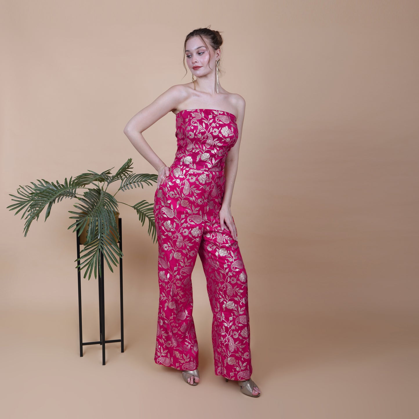 Fuchsia Pink Banarasi Silk off-Shoulder Jump Suit