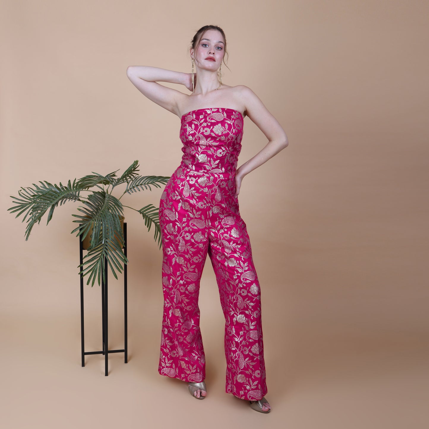 Fuchsia Pink Banarasi Silk off-Shoulder Jump Suit