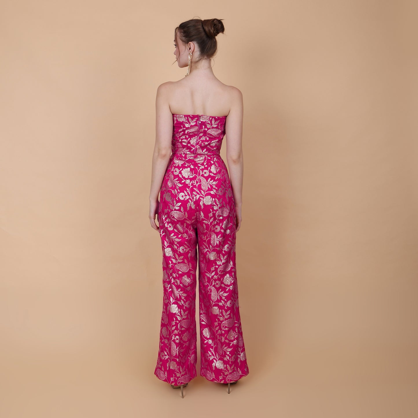 Fuchsia Pink Banarasi Silk off-Shoulder Jump Suit