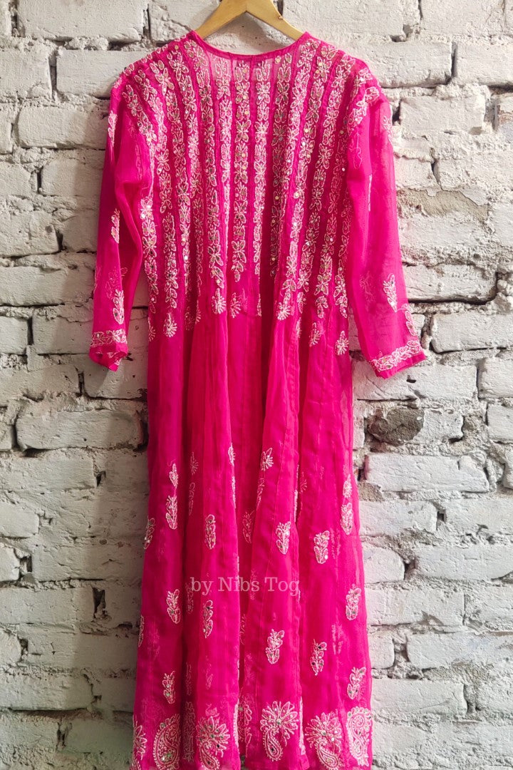 56 kali Chikankari Anarkali Kurta Pant Set