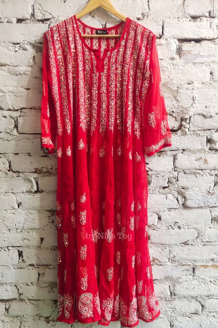 56 kali Chikankari Anarkali Suit with Mirror Work