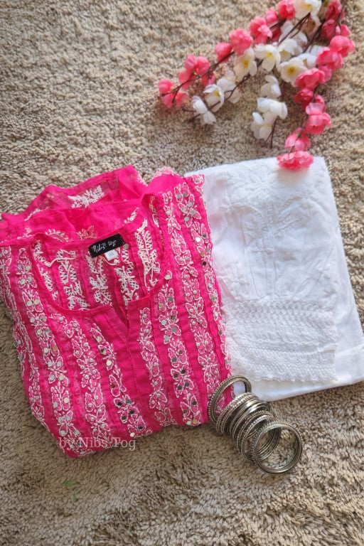 56 kali Chikankari Anarkali Kurta Pant Set