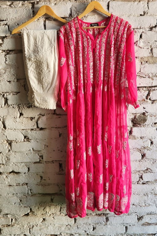 56 kali Chikankari Anarkali Kurta Pant Set