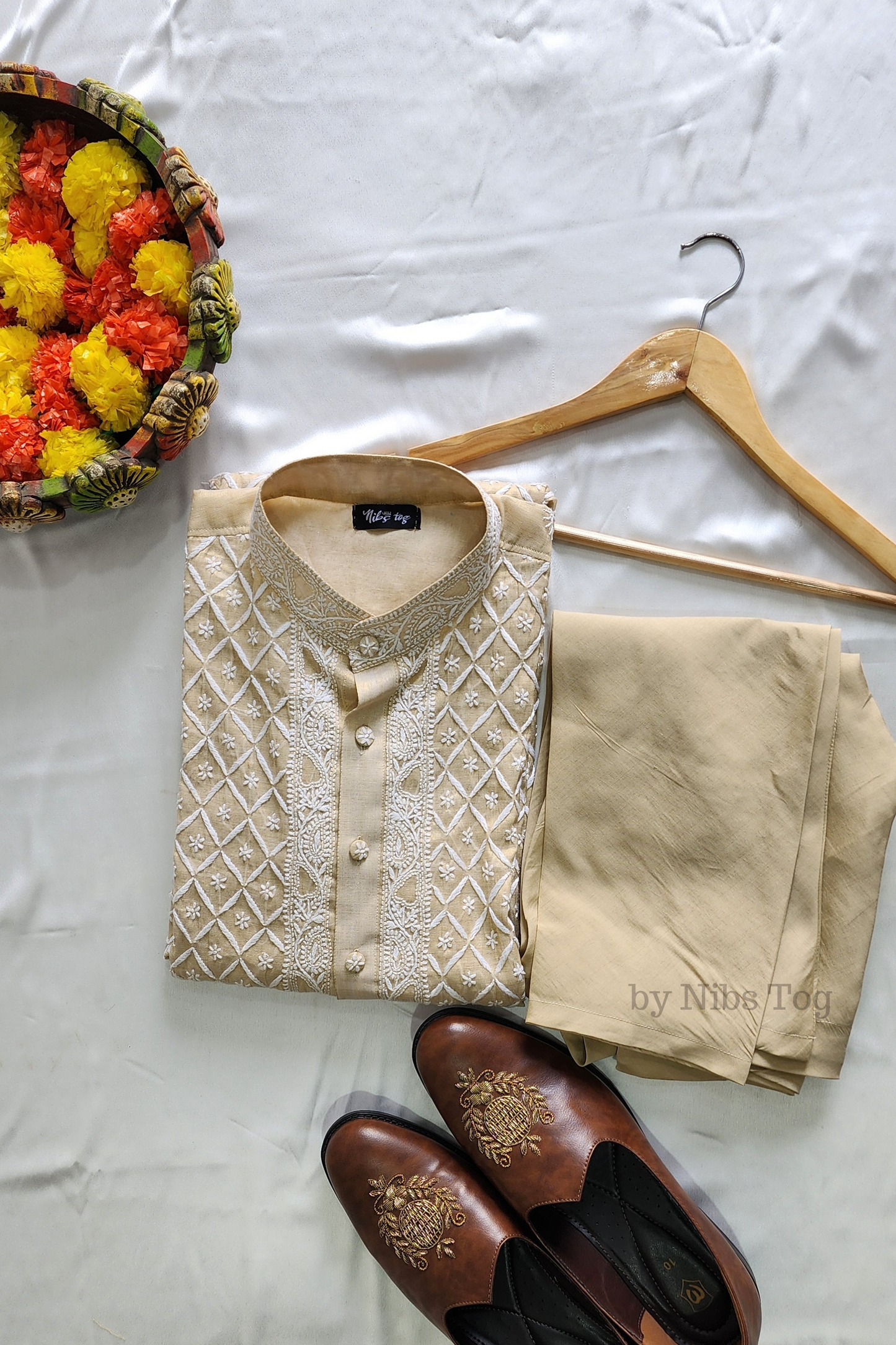 Beige Tissue Silk Chikankari Mens Kurta Pajama Set