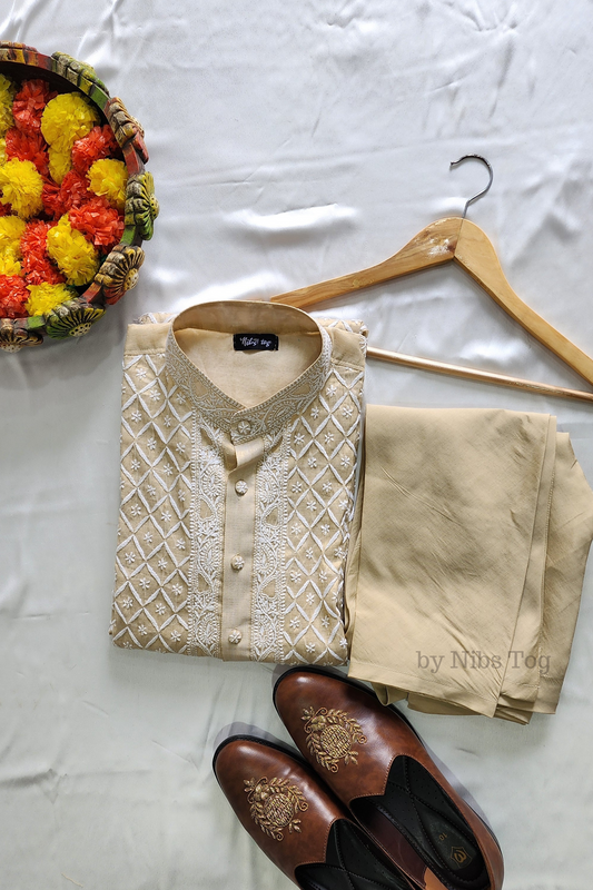 Beige Tissue Silk Chikankari Mens Kurta Pajama Set