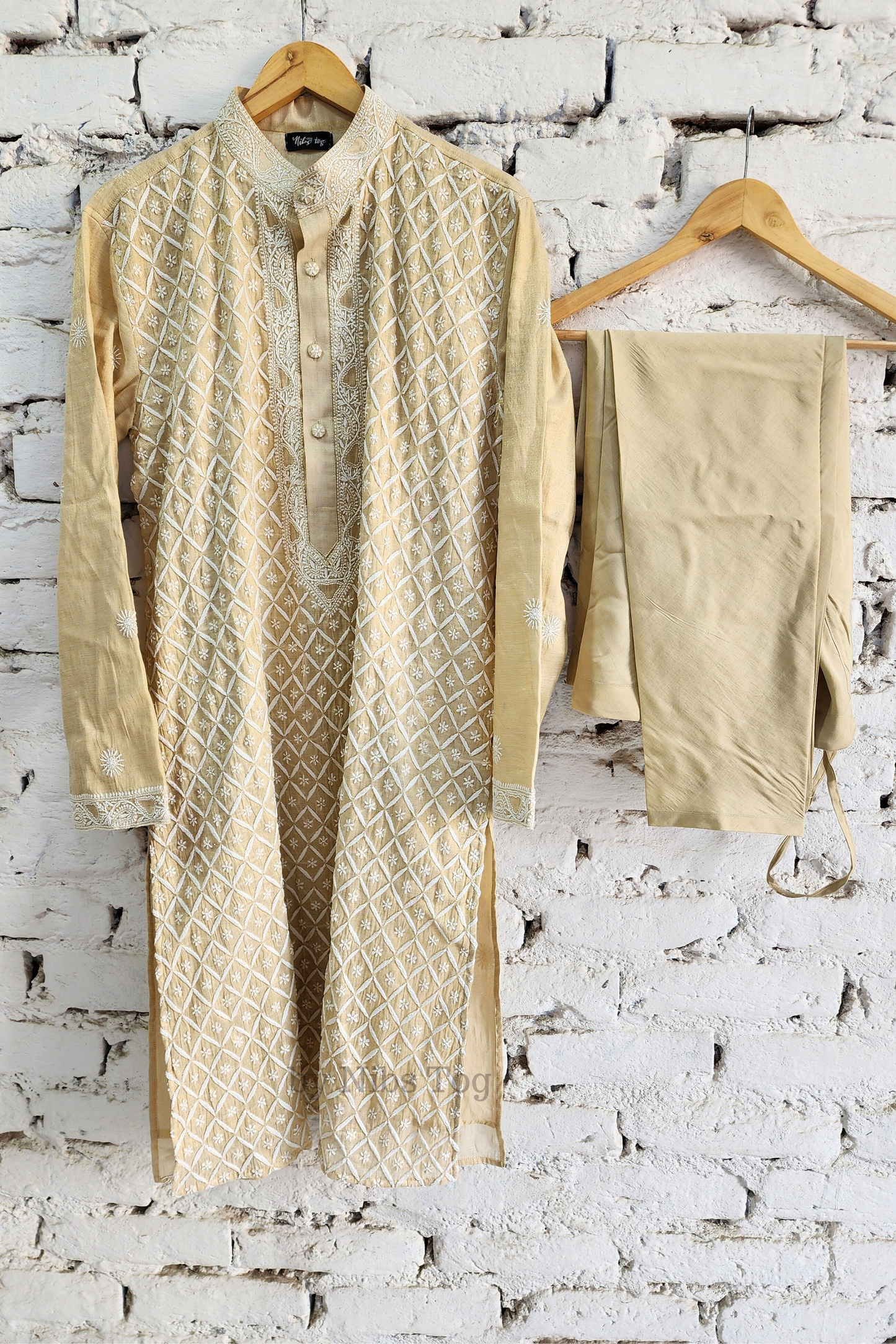 Beige Tissue Silk Chikankari Mens Kurta Pajama Set