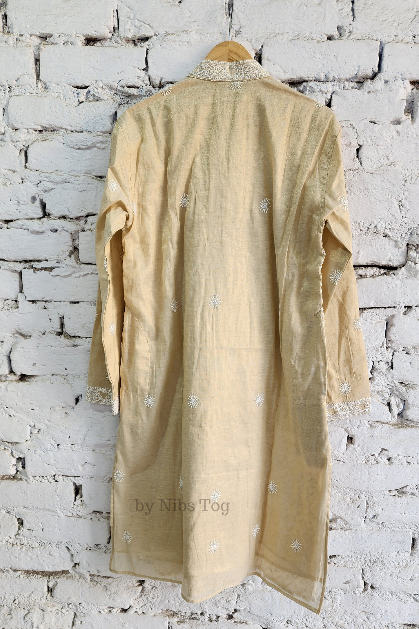 Beige Tissue Silk Chikankari Mens Kurta Pajama Set