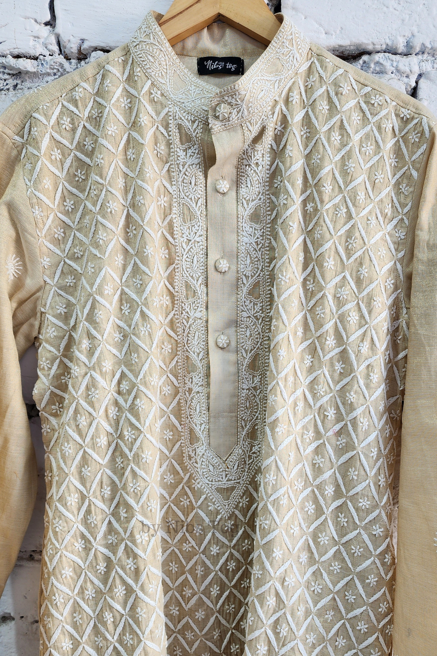 Beige Tissue Silk Chikankari Mens Kurta Pajama Set