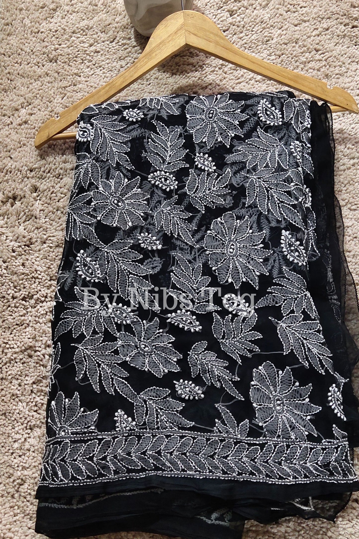 Handmade Black Chikankari Saree Georgette Full Jaal Embroidery