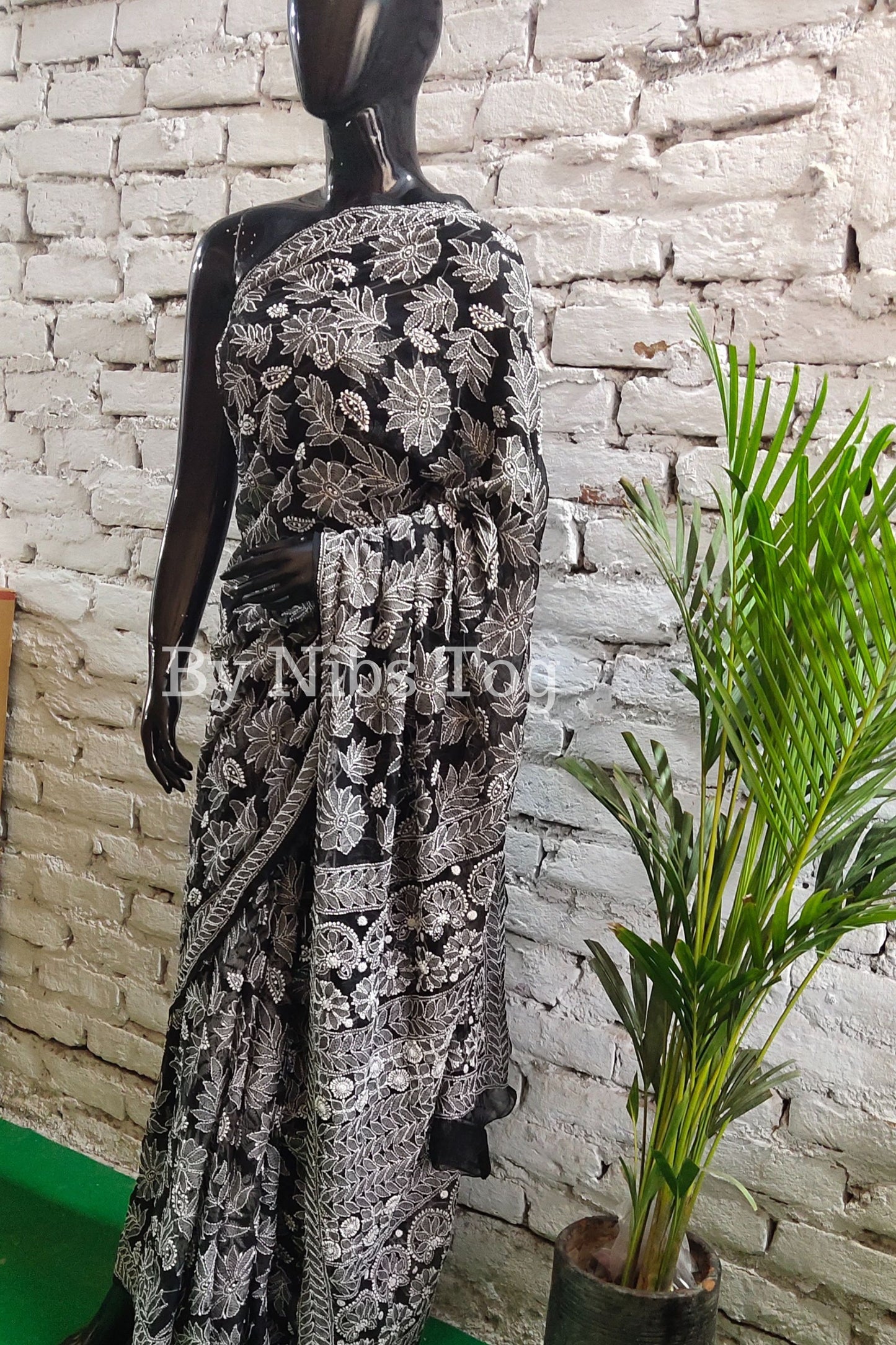 Handmade Black Chikankari Saree Georgette Full Jaal Embroidery