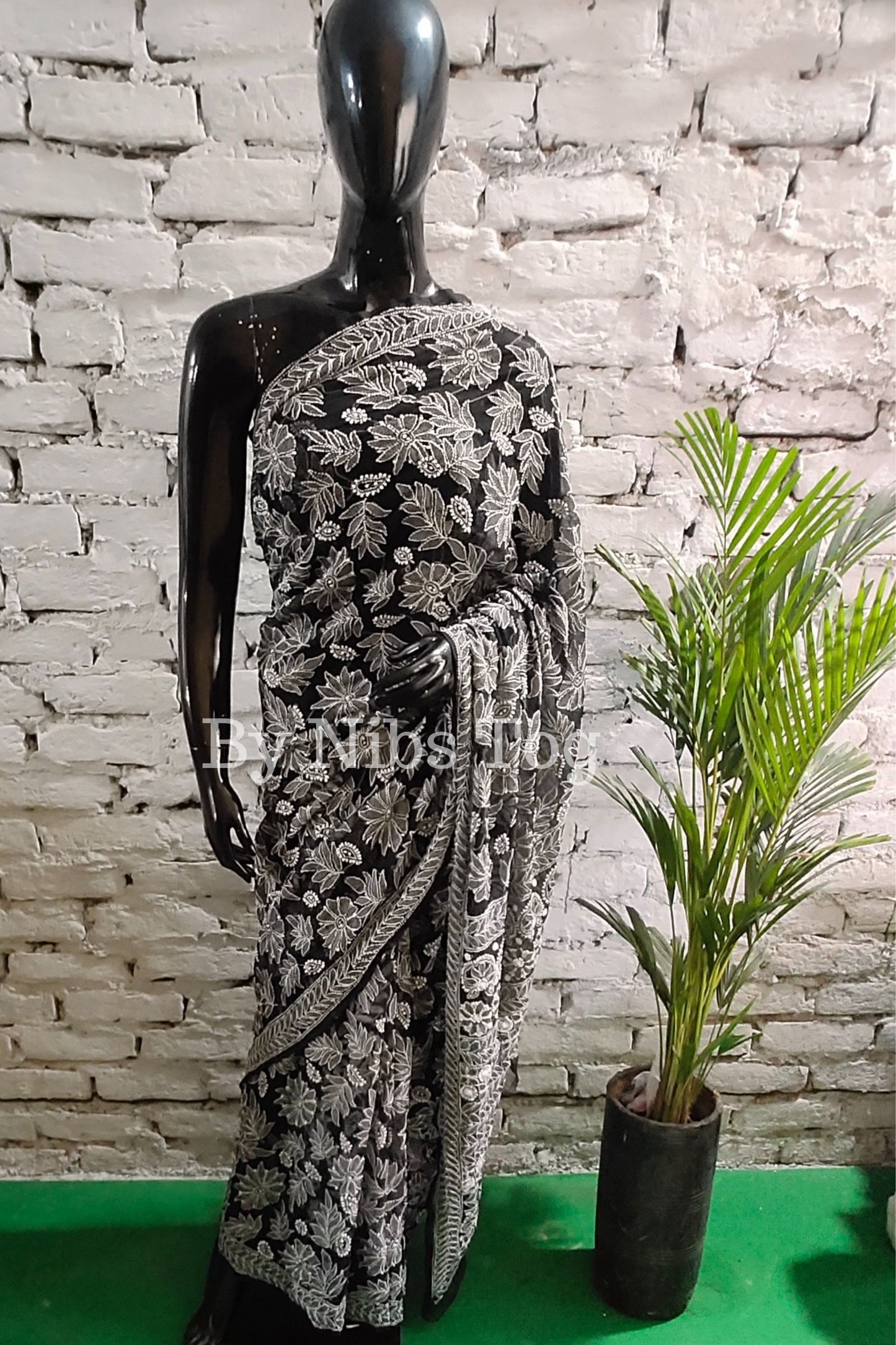 Handmade Black Chikankari Saree Georgette Full Jaal Embroidery