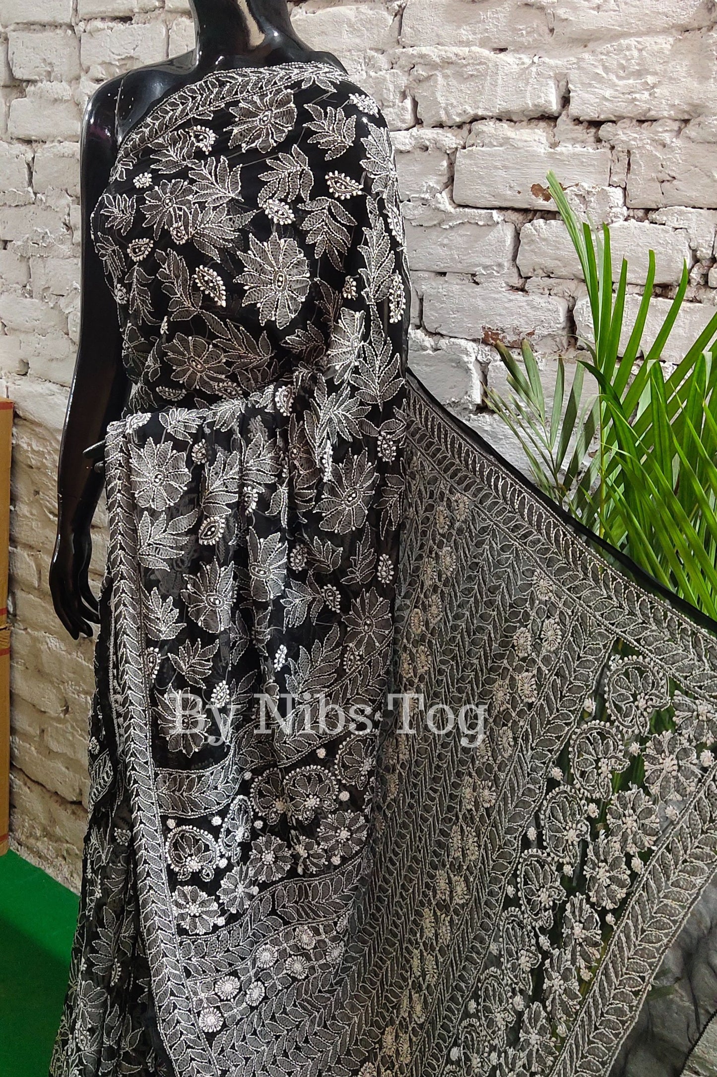 Handmade Black Chikankari Saree Georgette Full Jaal Embroidery