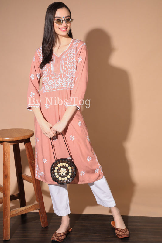 Rust Lucknowi Chikankari Kurta for Women Rayon Cotton