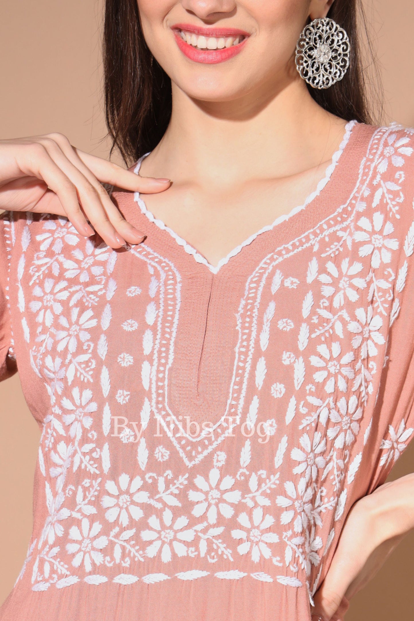 Rust Lucknowi Chikankari Kurta for Women Rayon Cotton