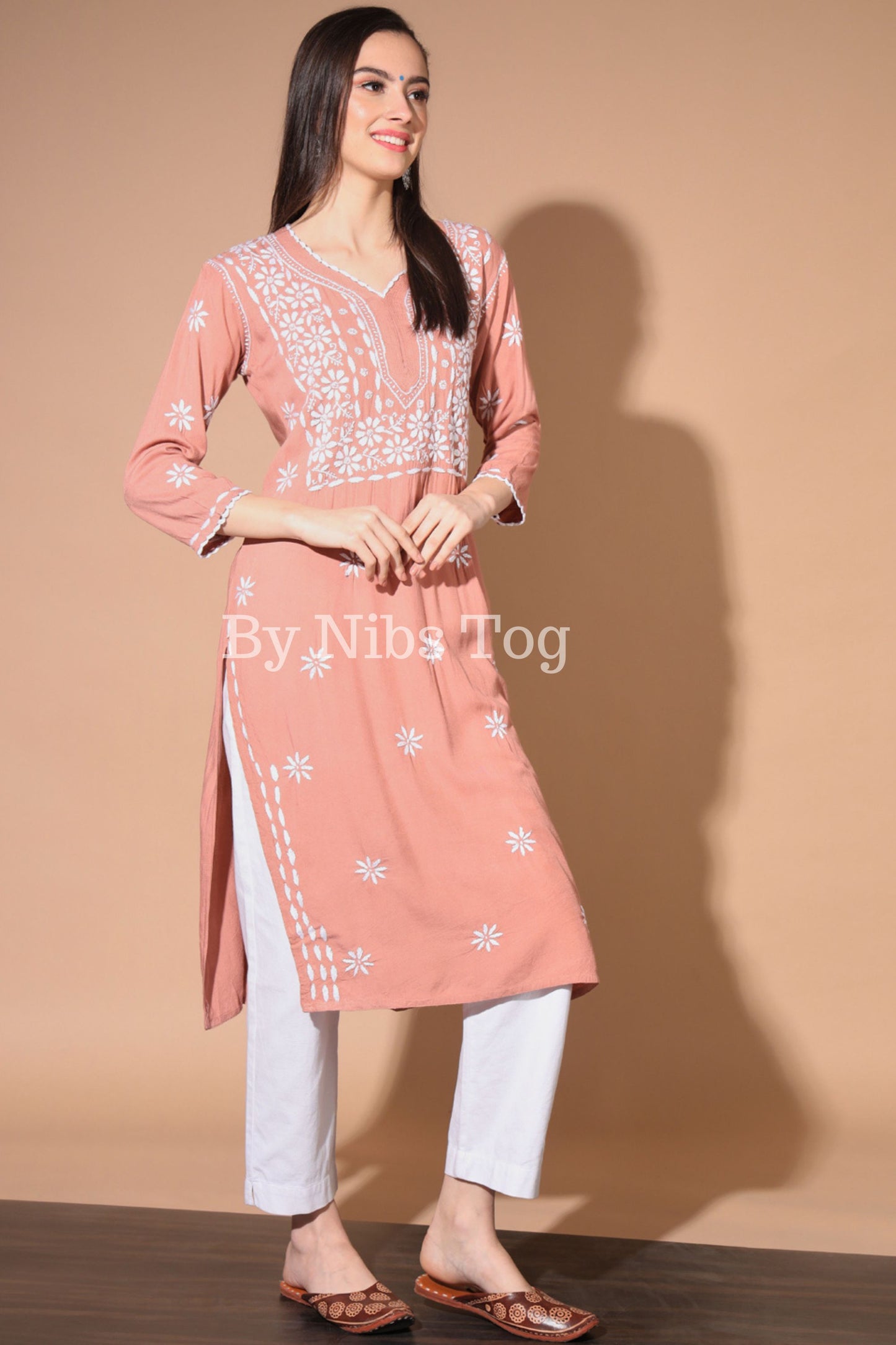 Rust Lucknowi Chikankari Kurta for Women Rayon Cotton
