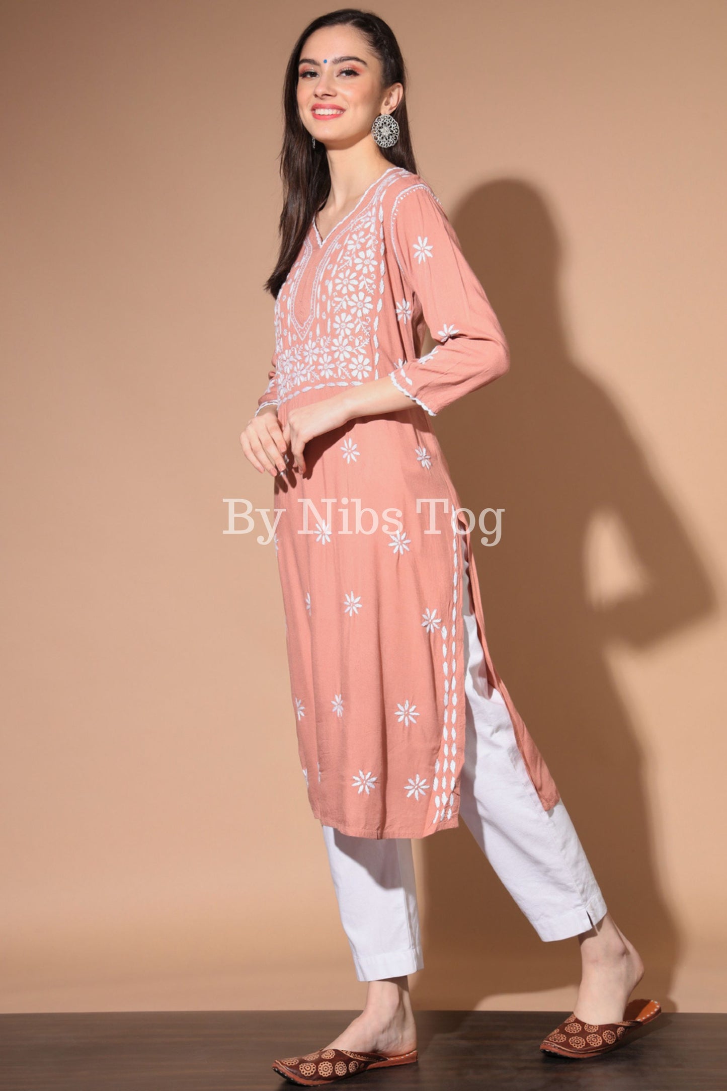 Rust Lucknowi Chikankari Kurta for Women Rayon Cotton