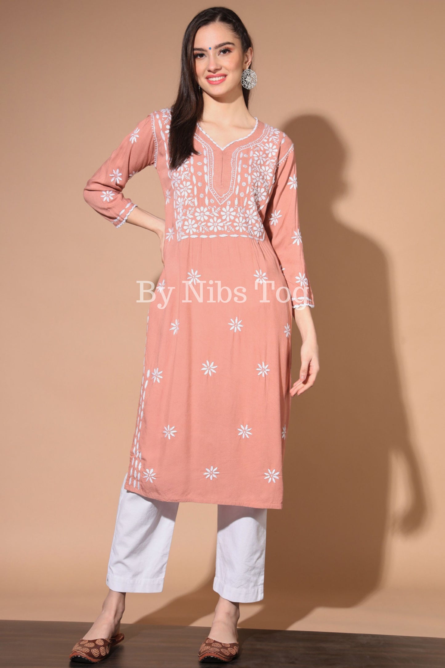 Rust Lucknowi Chikankari Kurta for Women Rayon Cotton