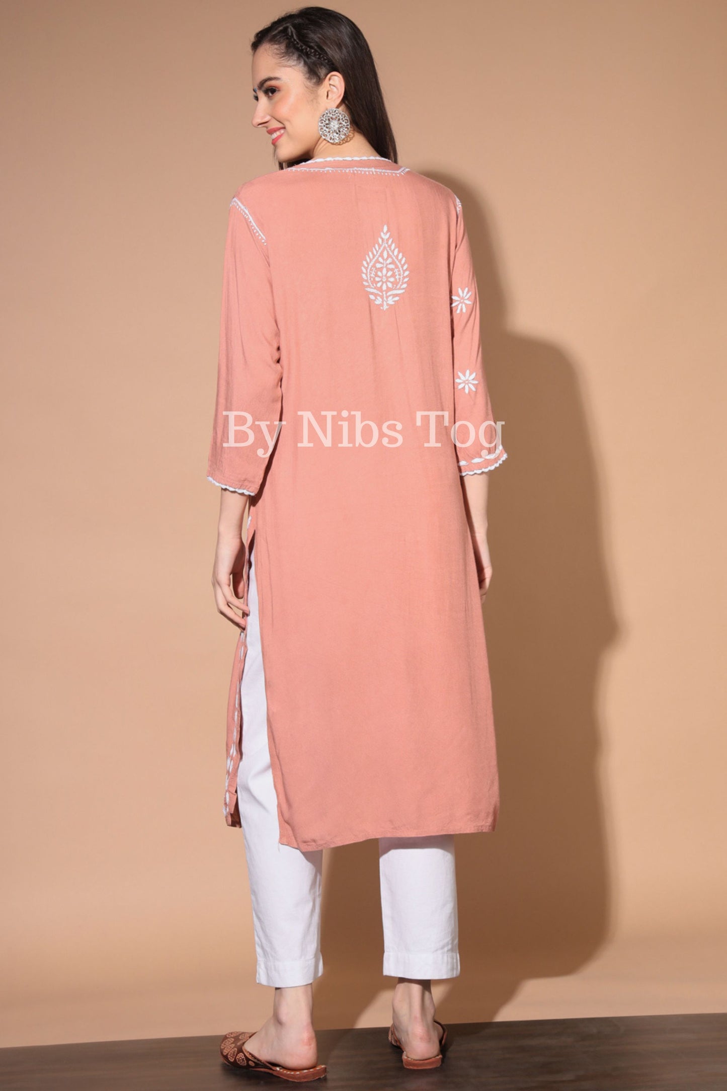 Rust Lucknowi Chikankari Kurta for Women Rayon Cotton