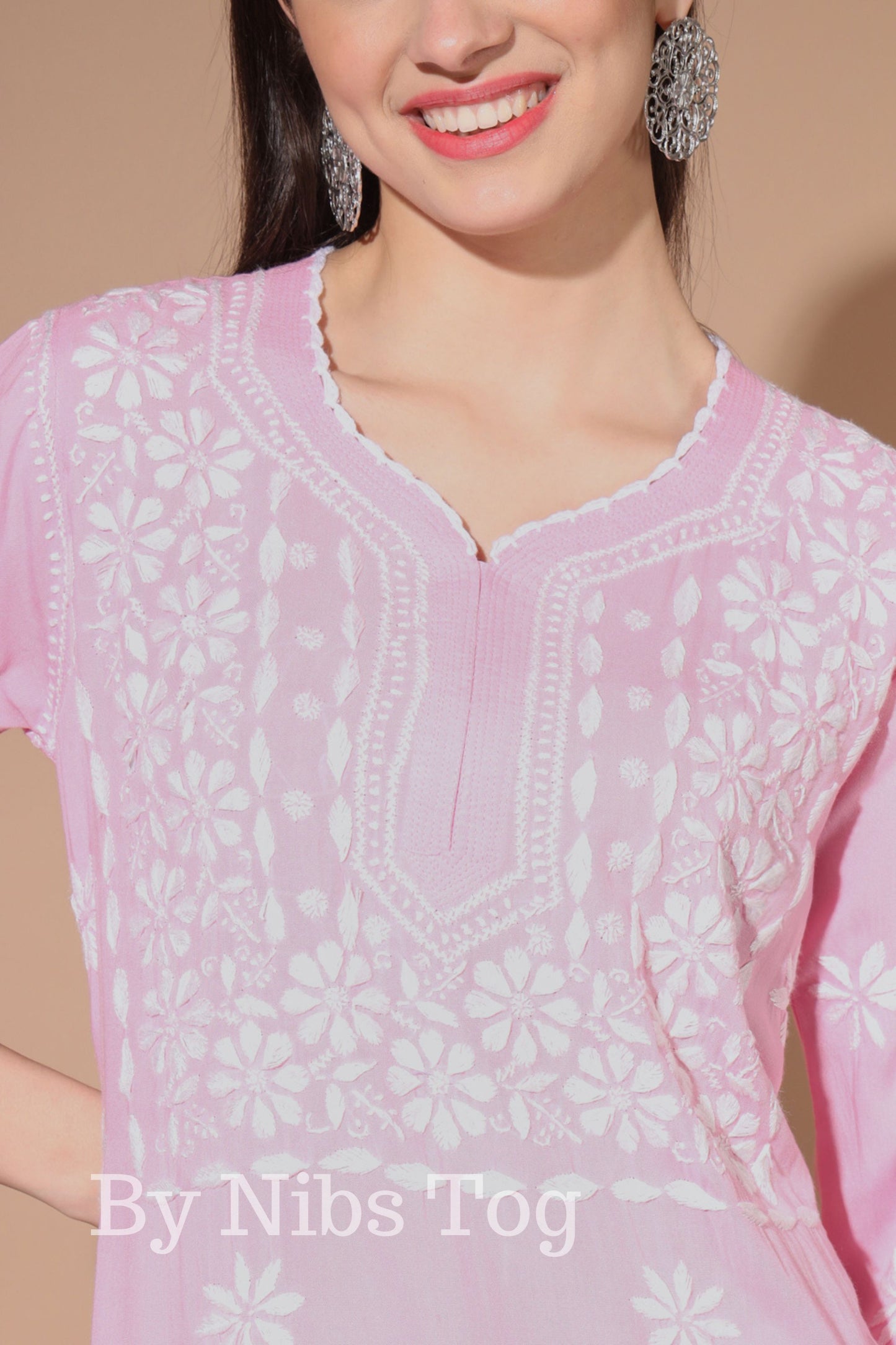 Baby Pink Rayon Cotton Chikankari Kurta for Women