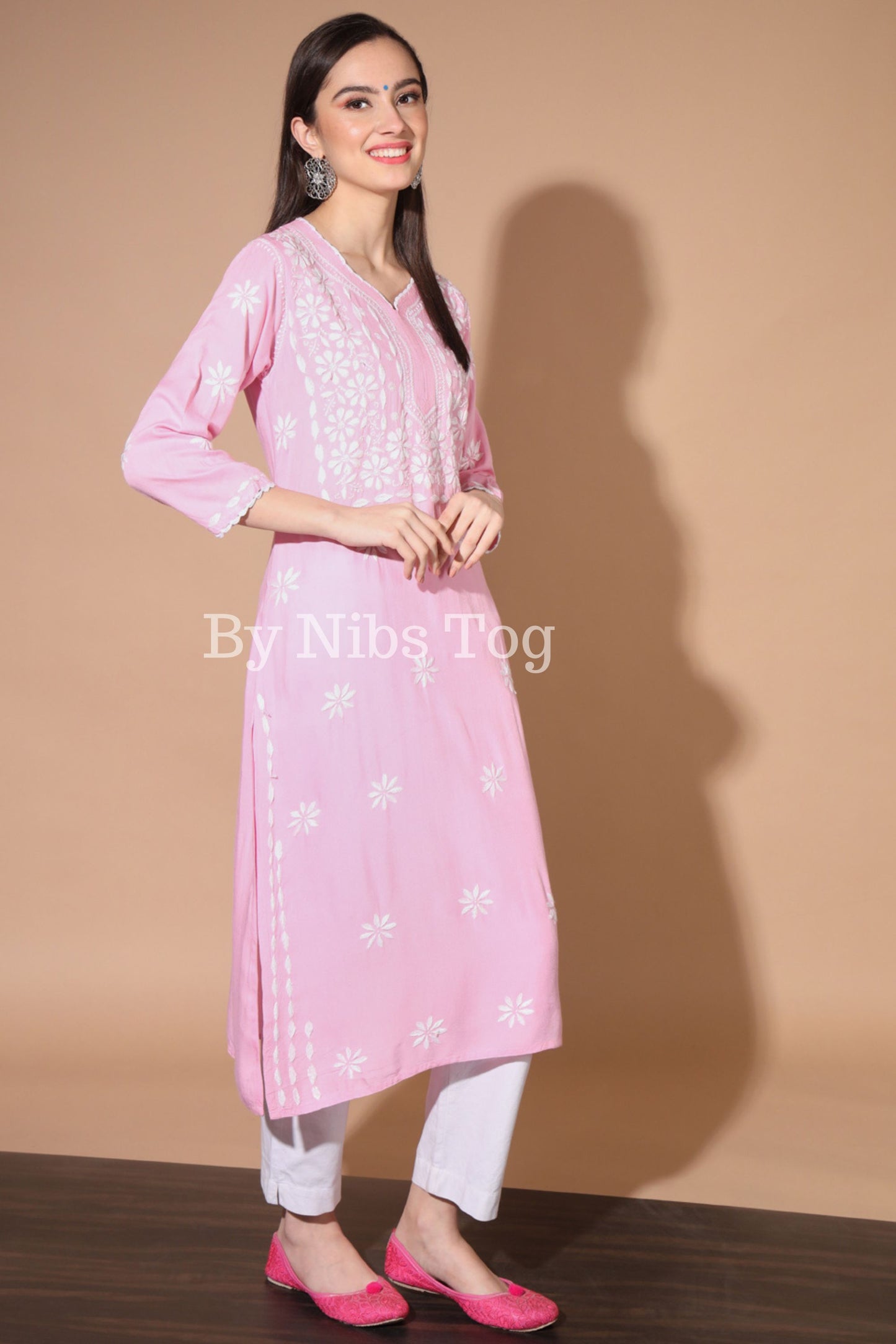 Baby Pink Rayon Cotton Chikankari Kurta for Women