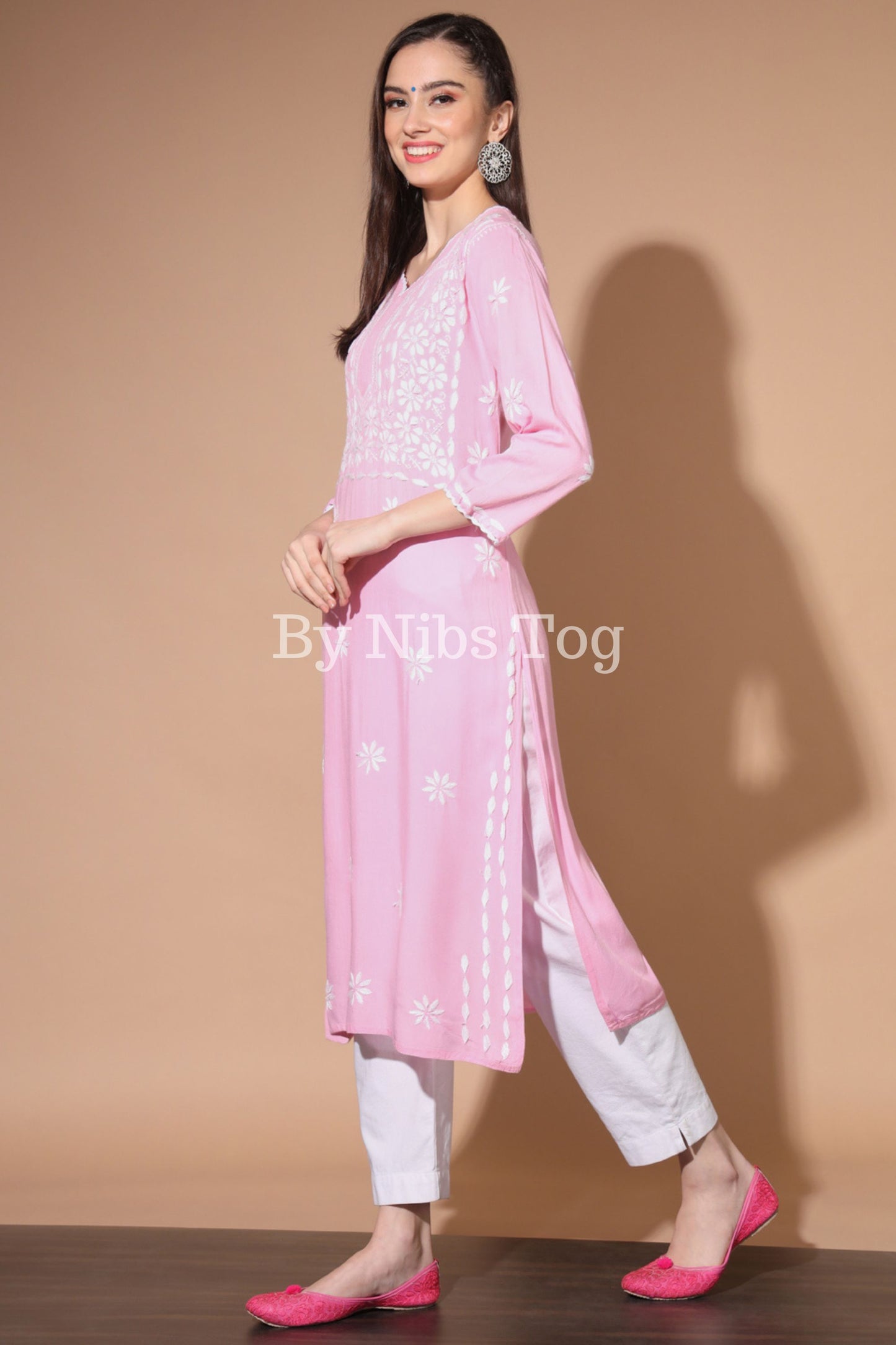 Baby Pink Rayon Cotton Chikankari Kurta for Women