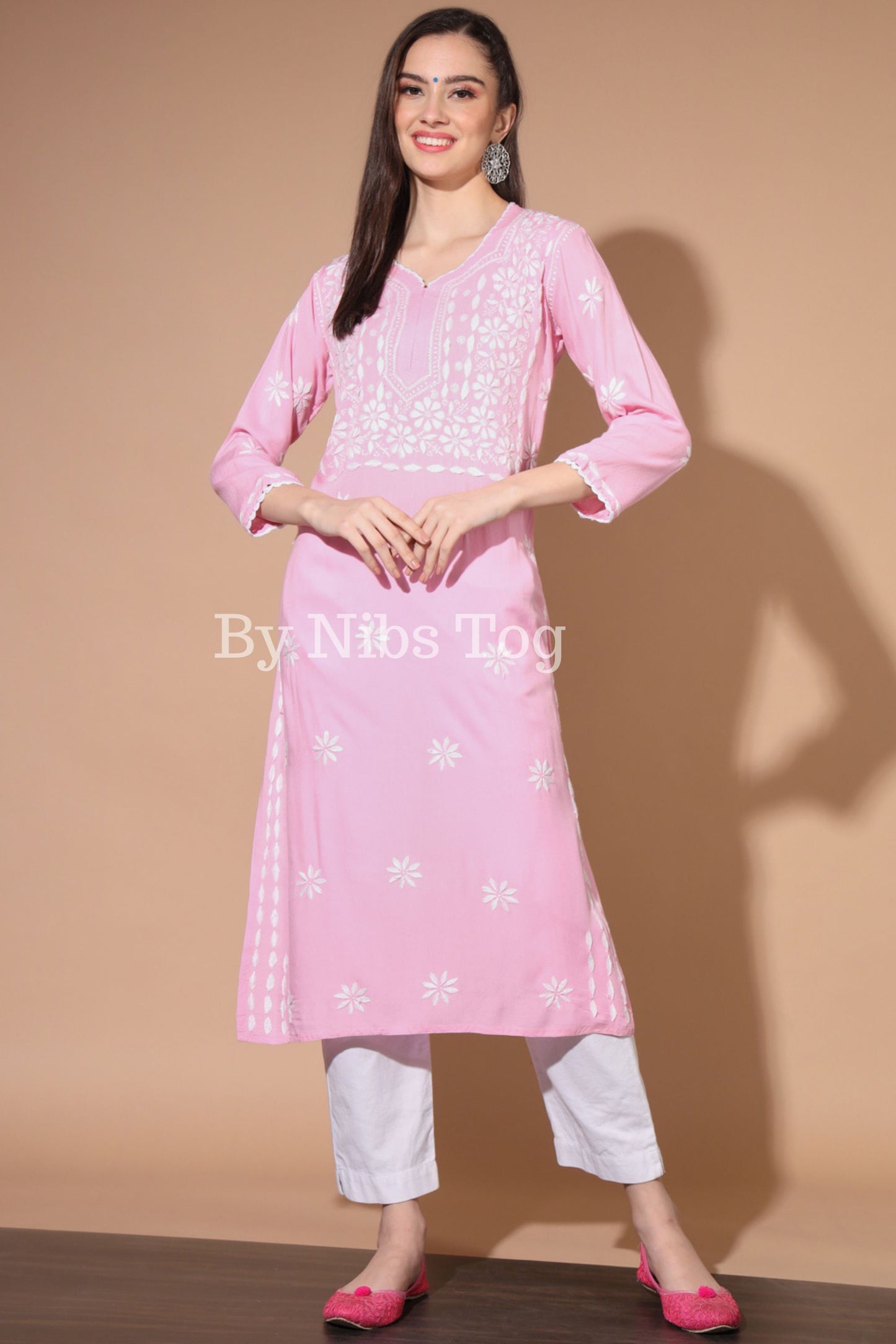 Baby Pink Rayon Cotton Chikankari Kurta for Women