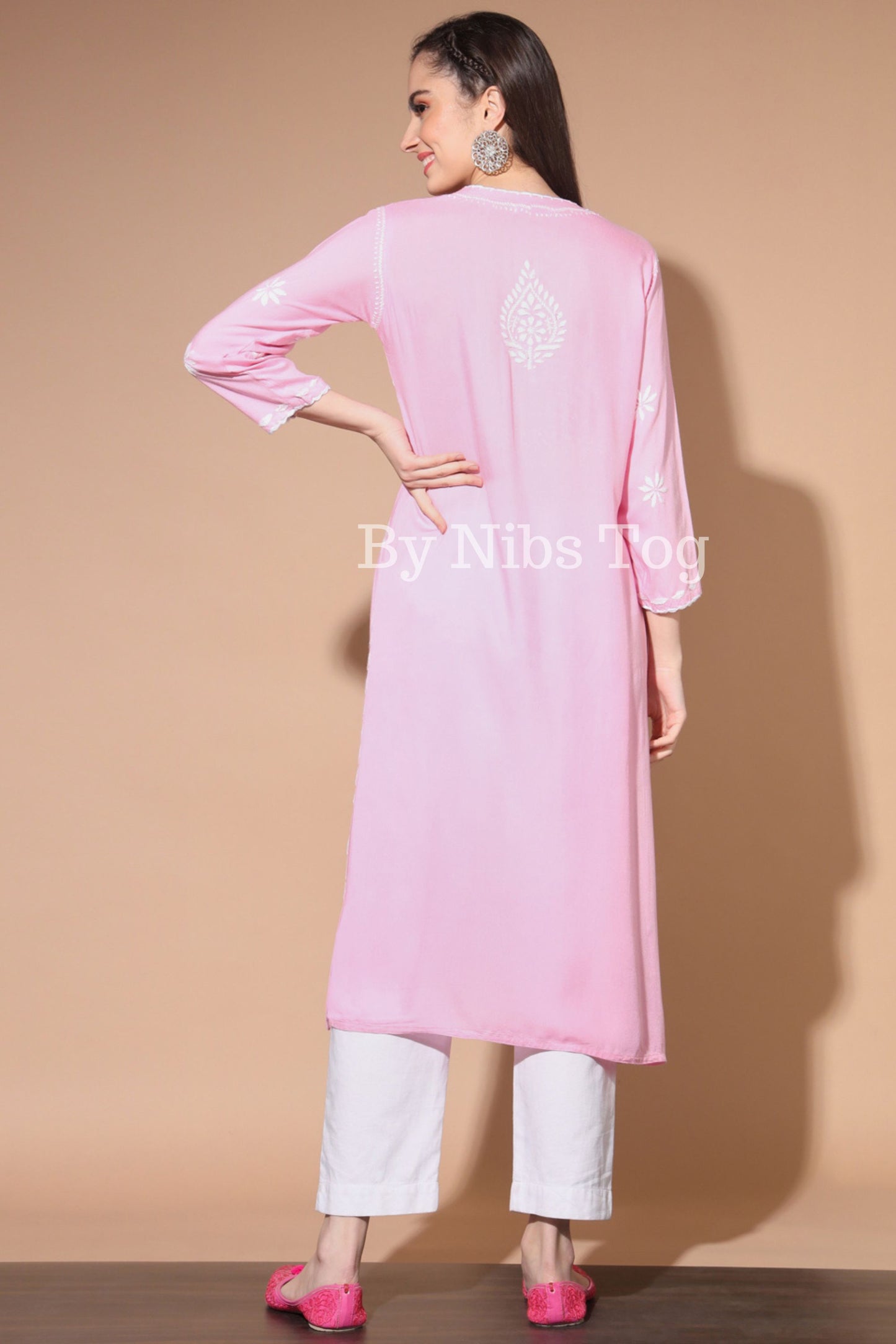 Baby Pink Rayon Cotton Chikankari Kurta for Women