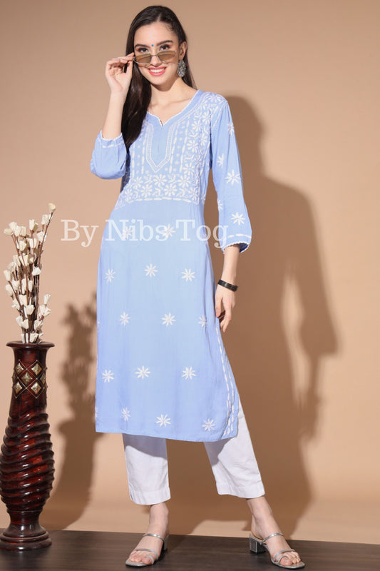 Sky Blue Straight Lucknowi Chikankari Kurti for Women Rayon Cotton