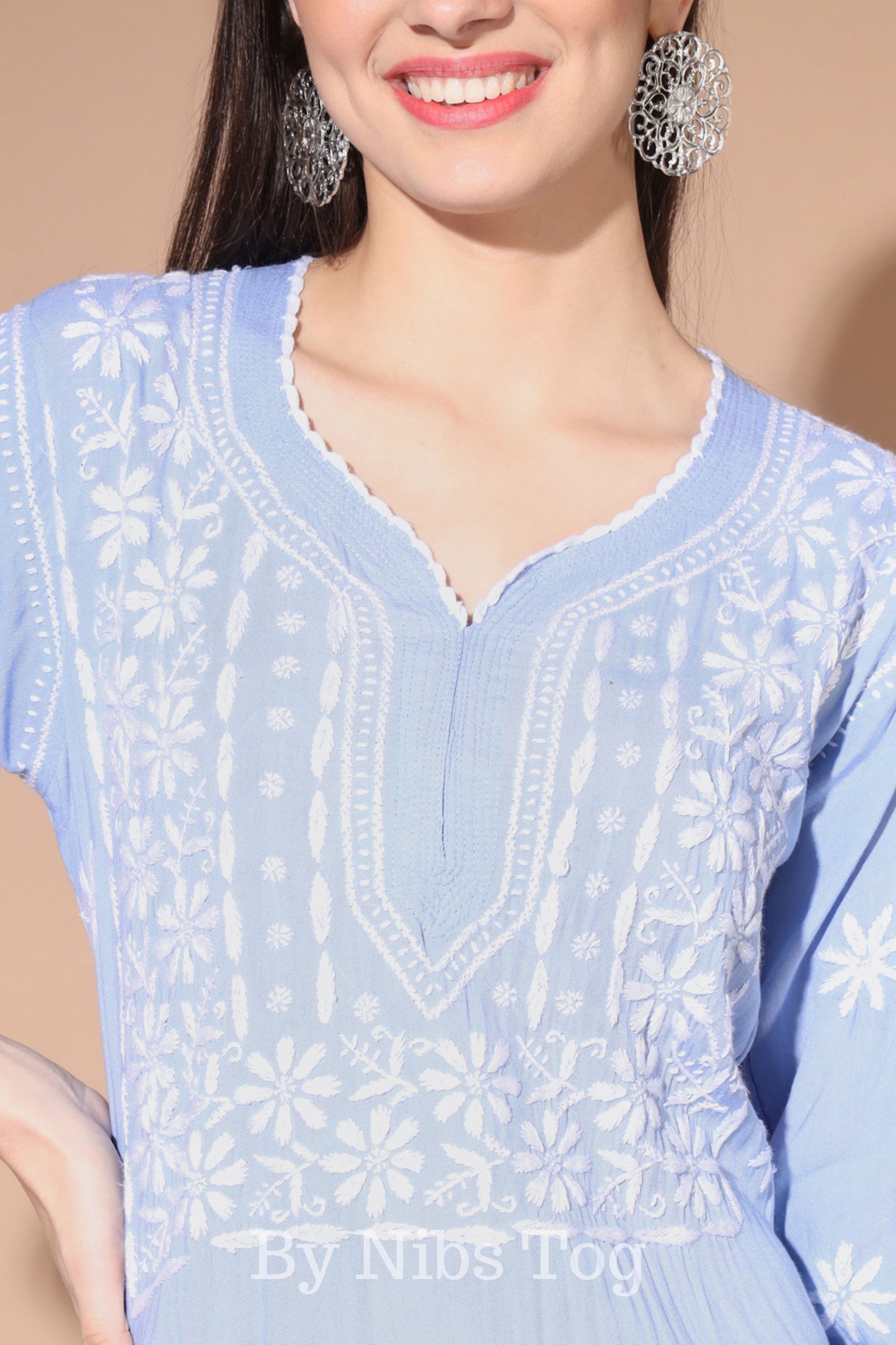Sky Blue Straight Lucknowi Chikankari Kurti for Women Rayon Cotton