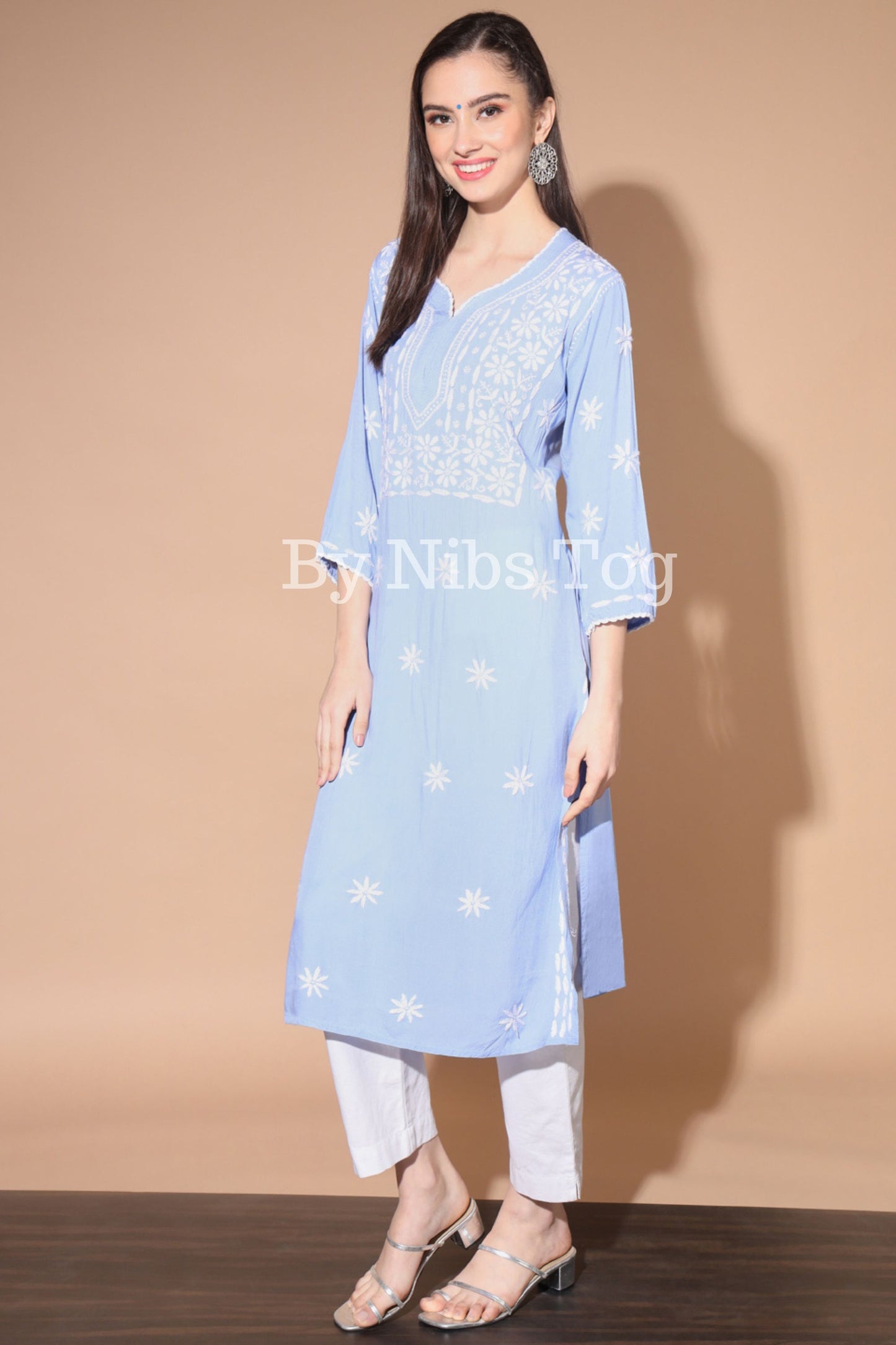 Sky Blue Straight Lucknowi Chikankari Kurti for Women Rayon Cotton