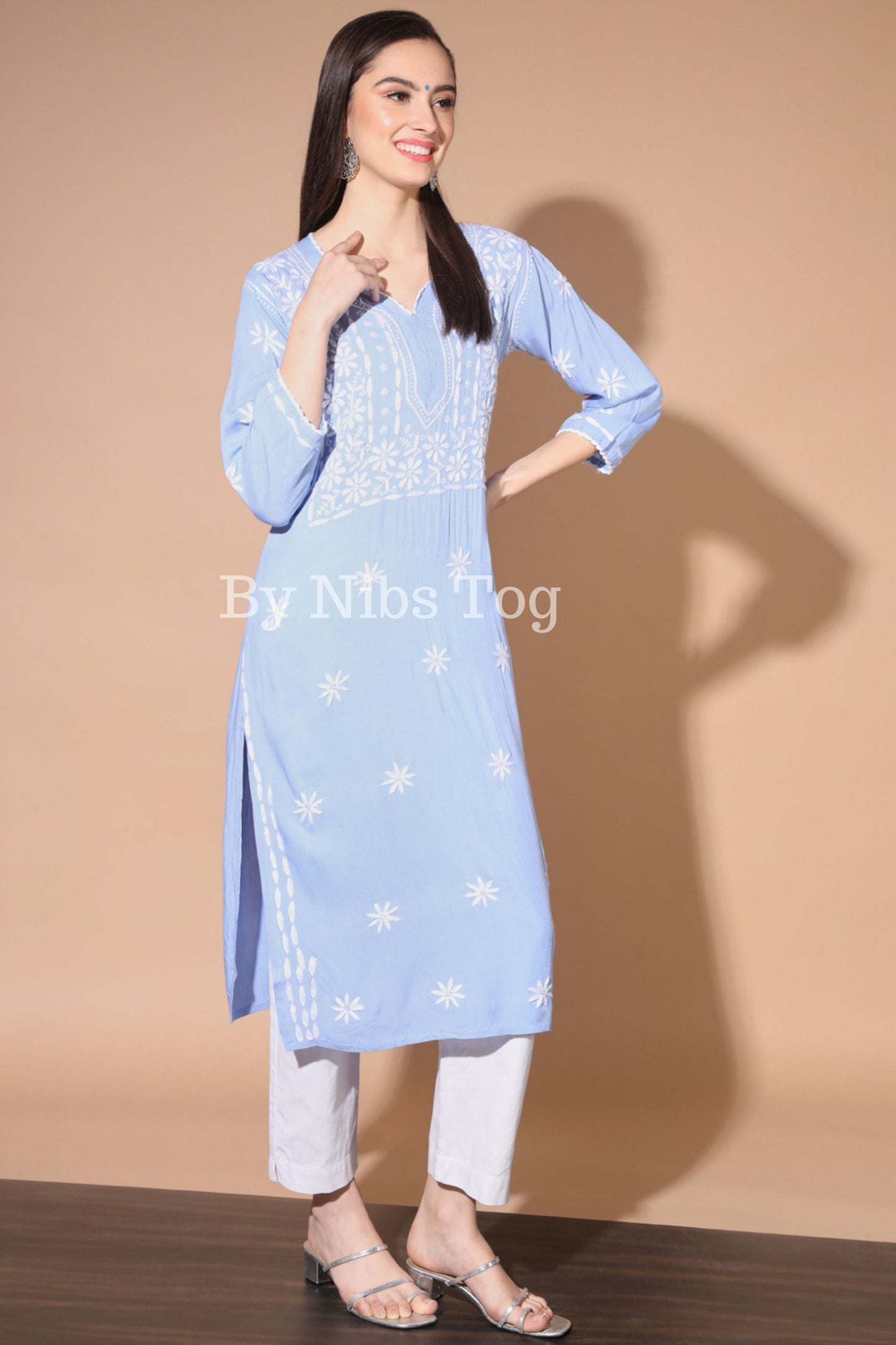 Sky Blue Straight Lucknowi Chikankari Kurti for Women Rayon Cotton