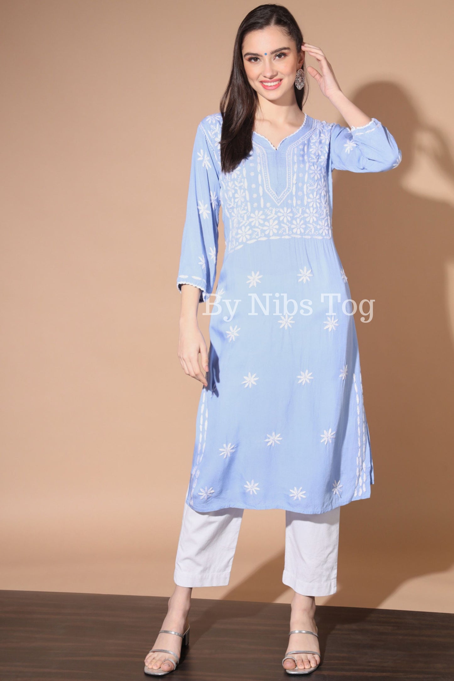 Sky Blue Straight Lucknowi Chikankari Kurti for Women Rayon Cotton
