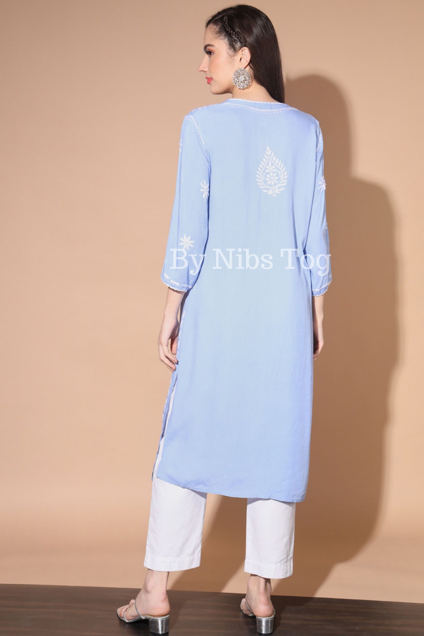 Sky Blue Straight Lucknowi Chikankari Kurti for Women Rayon Cotton