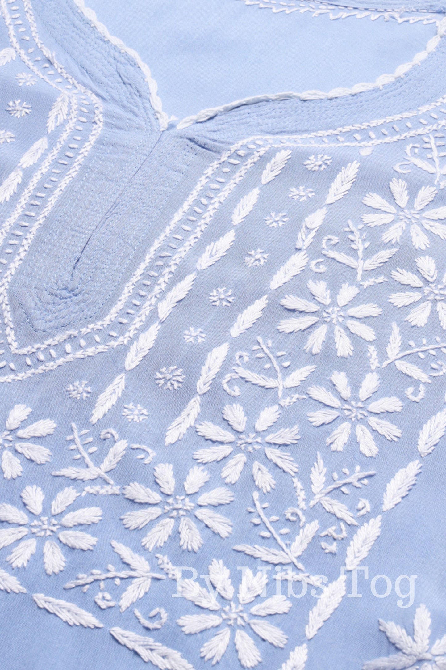 Sky Blue Straight Lucknowi Chikankari Kurti for Women Rayon Cotton