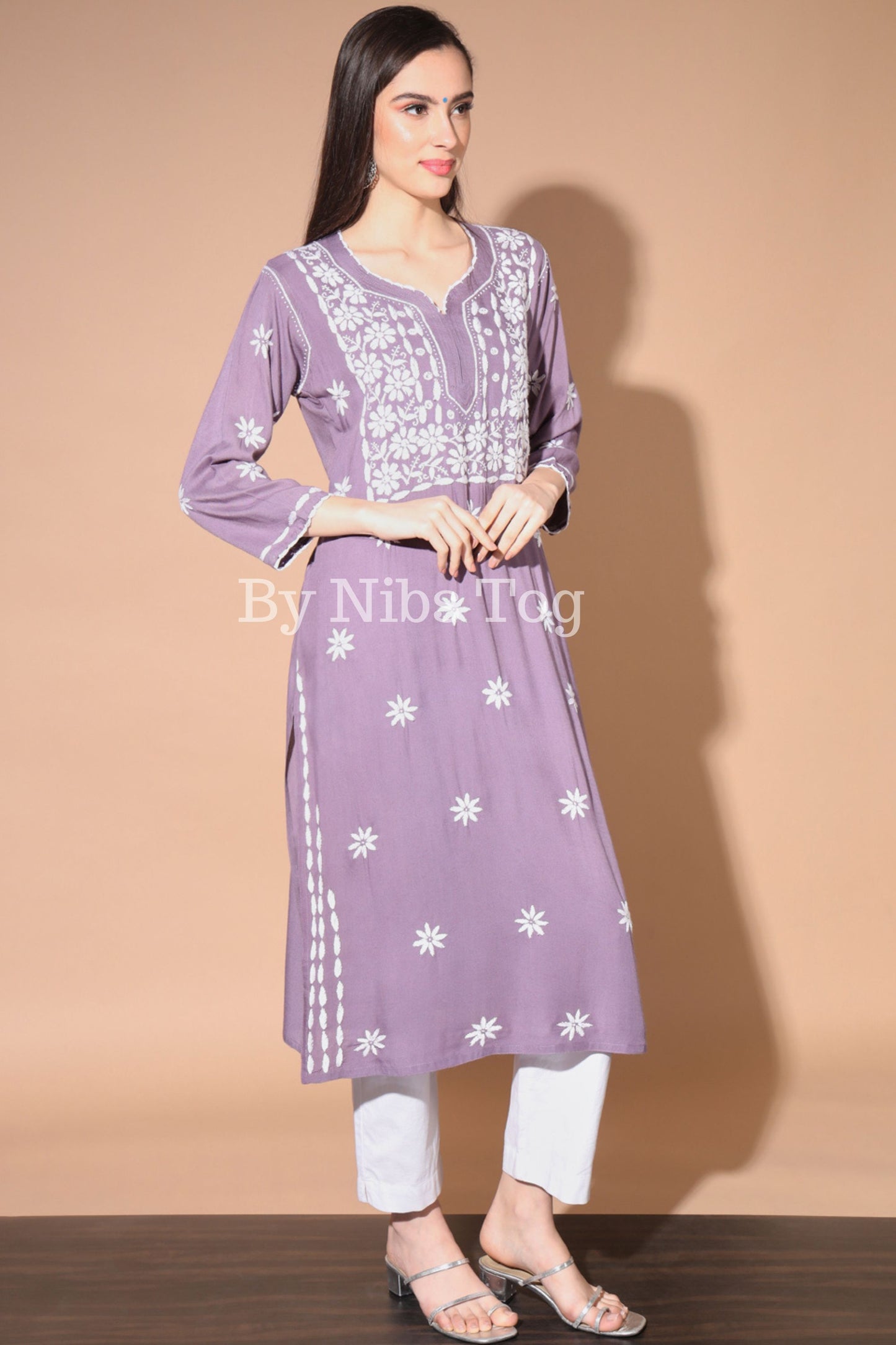 Purple Women's Straight Chikankari Kurti Rayon Cotton