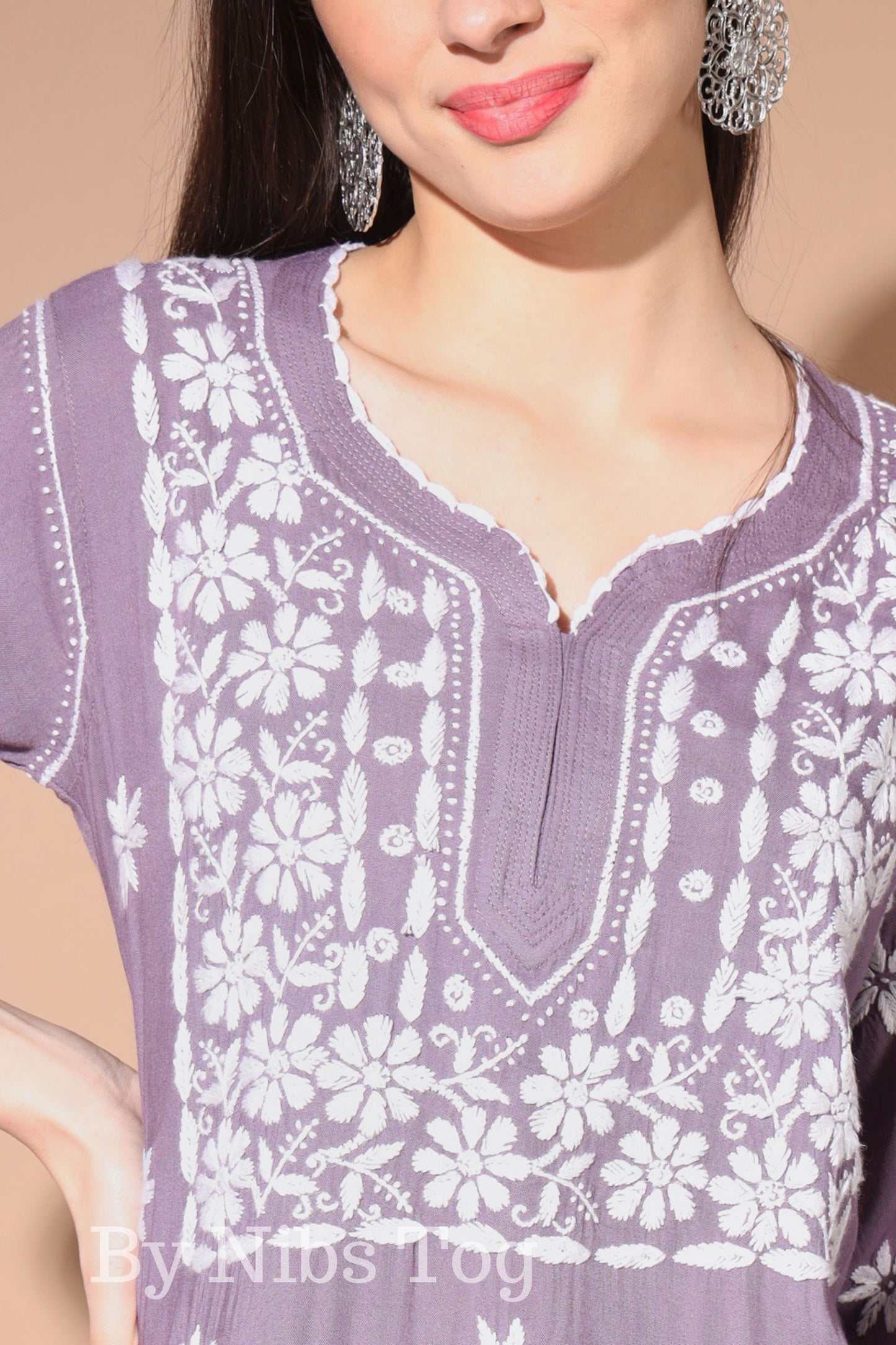 Purple Women's Straight Chikankari Kurti Rayon Cotton