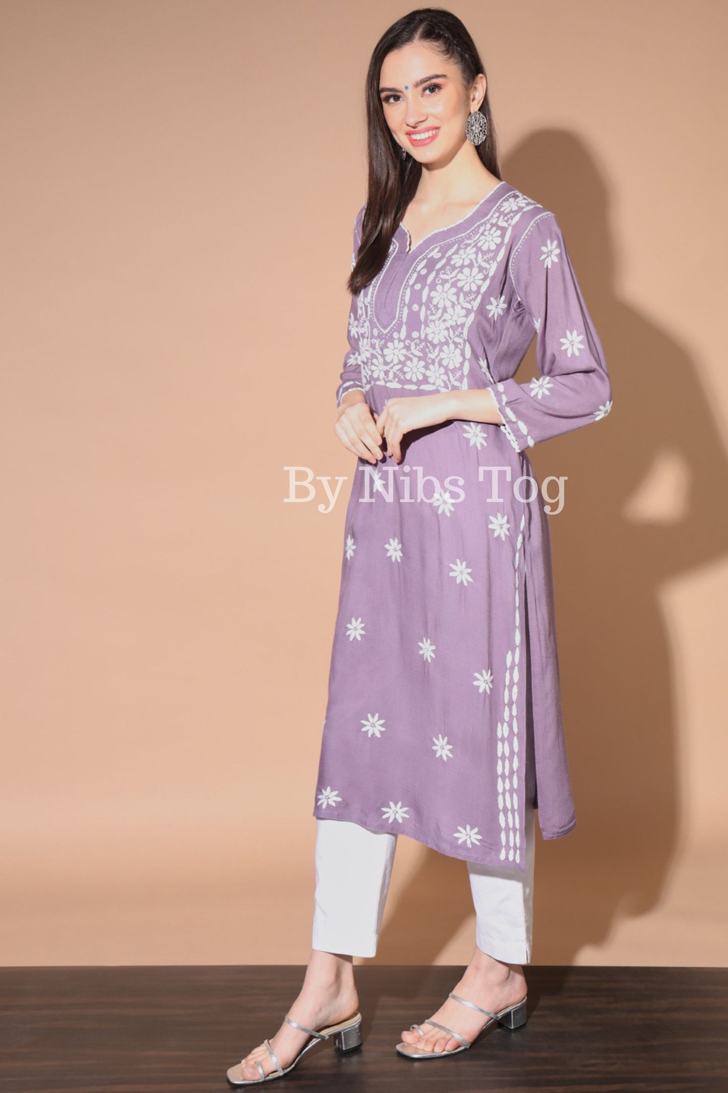 Purple Women's Straight Chikankari Kurti Rayon Cotton