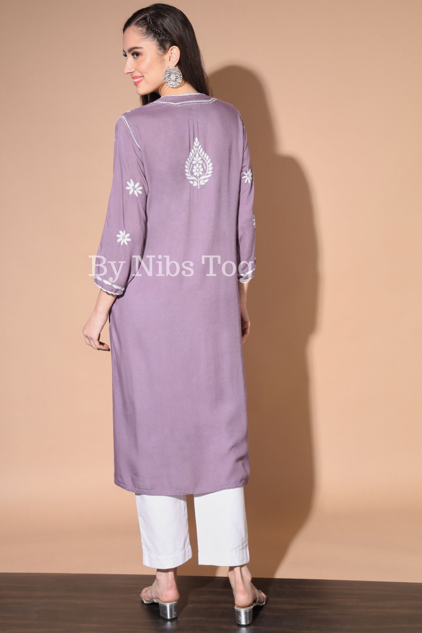 Purple Women's Straight Chikankari Kurti Rayon Cotton