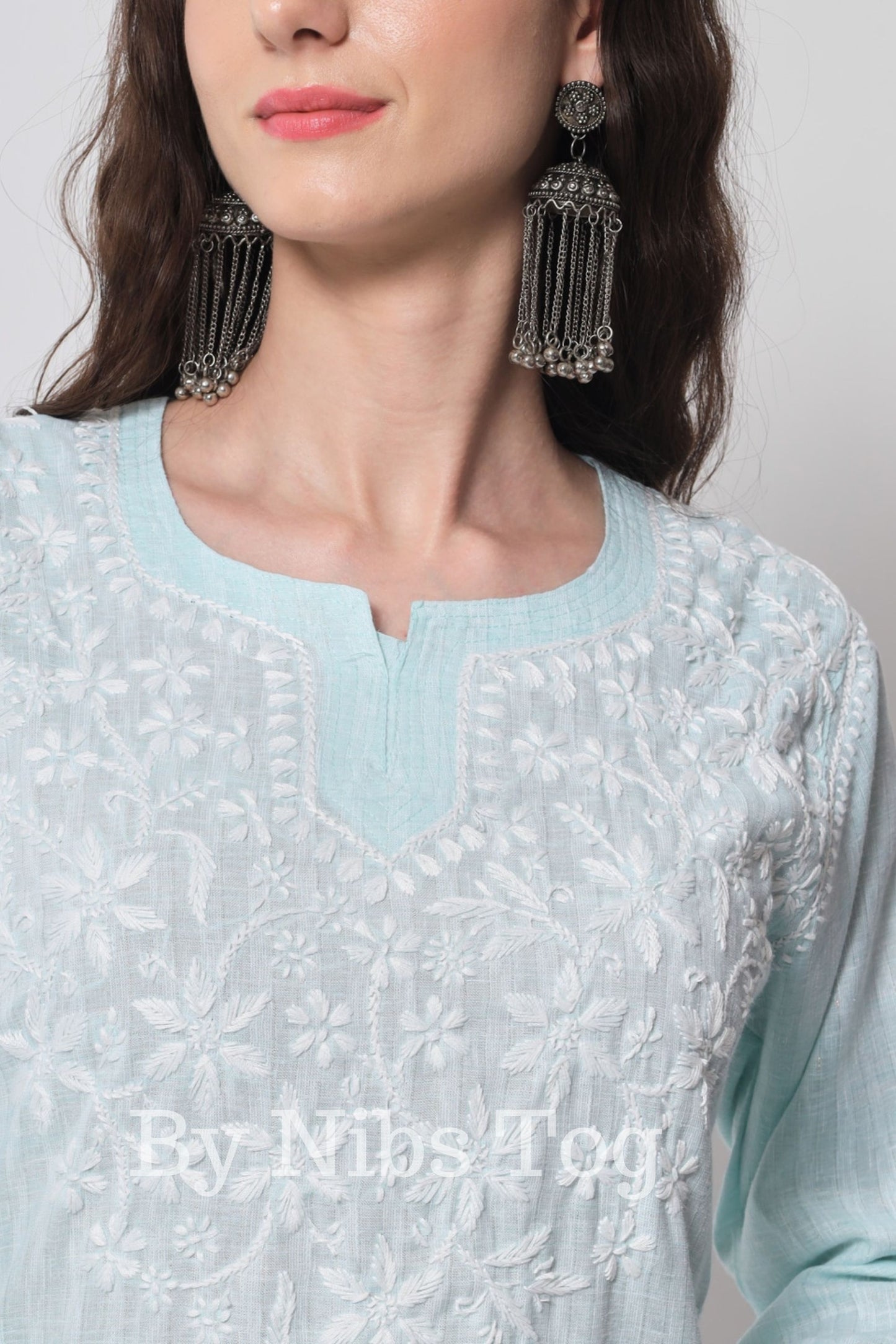 Blue Cotton Lucknowi Chikankari Kurta for Women