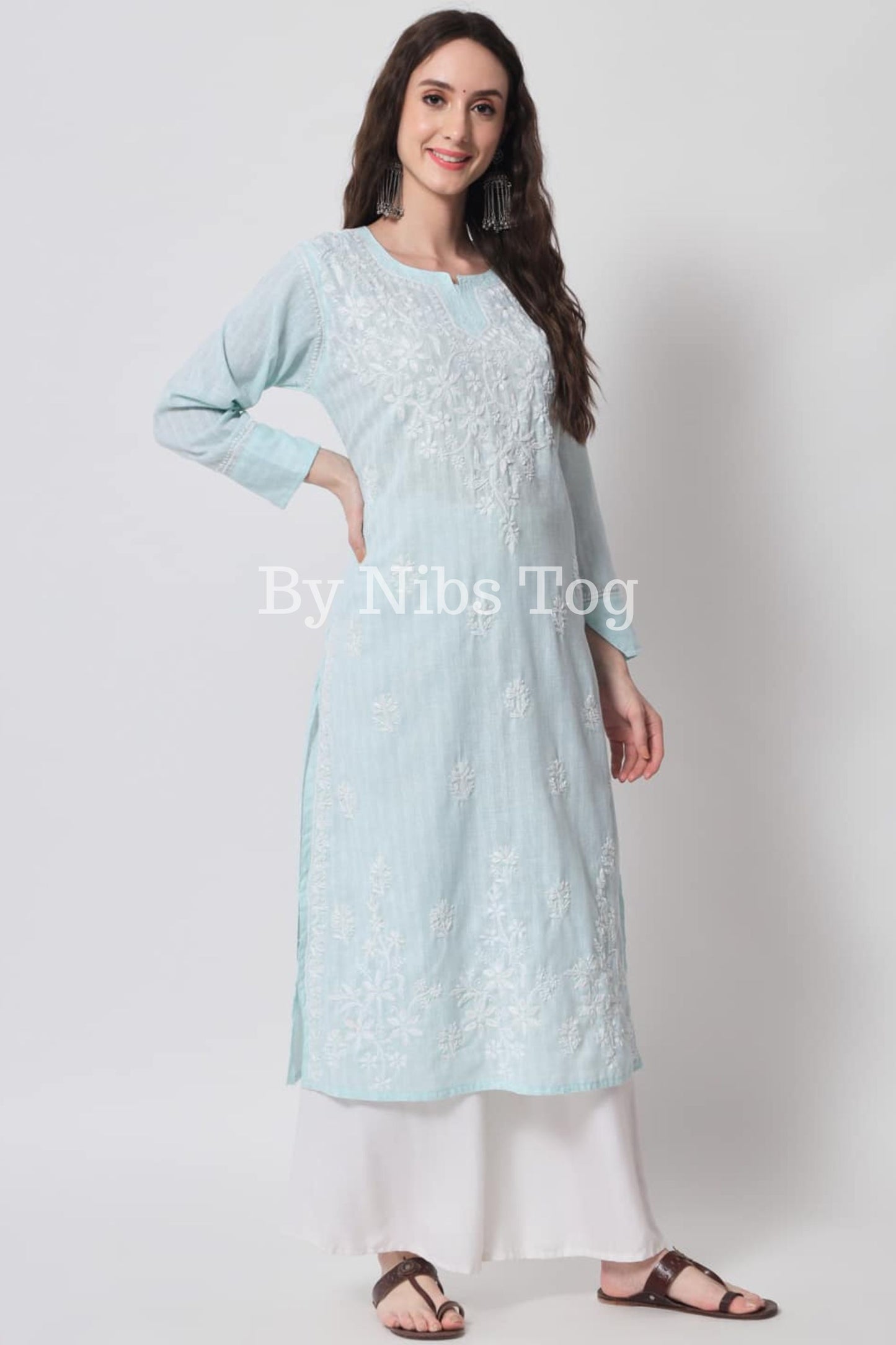 Blue Cotton Lucknowi Chikankari Kurta for Women