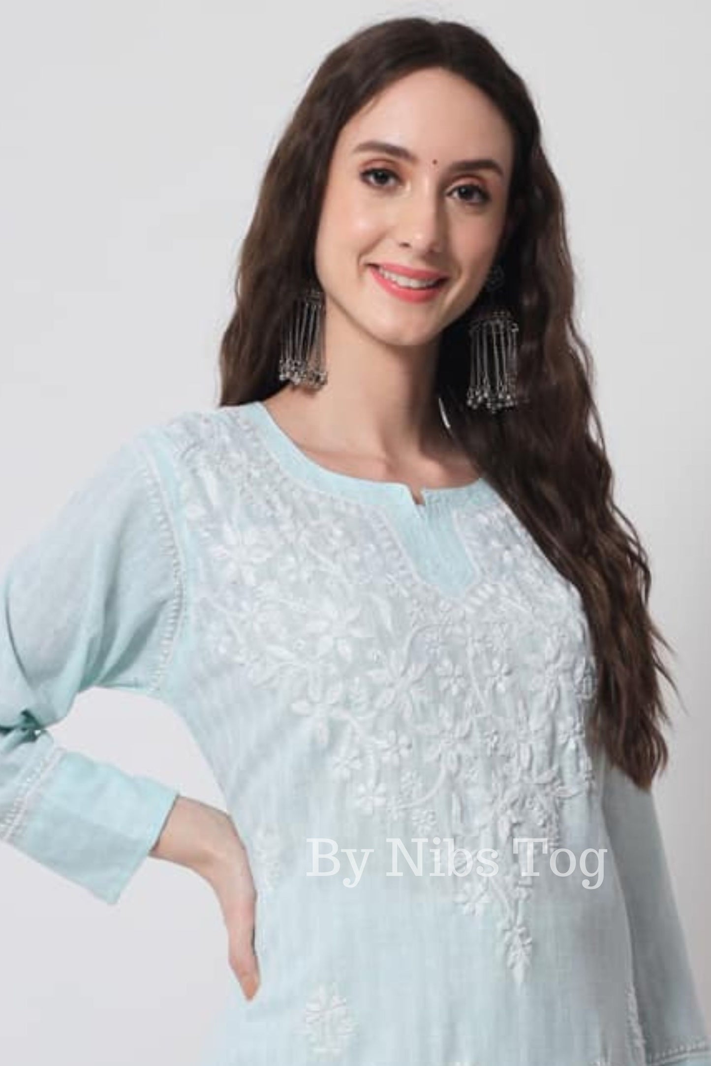 Blue Cotton Lucknowi Chikankari Kurta for Women