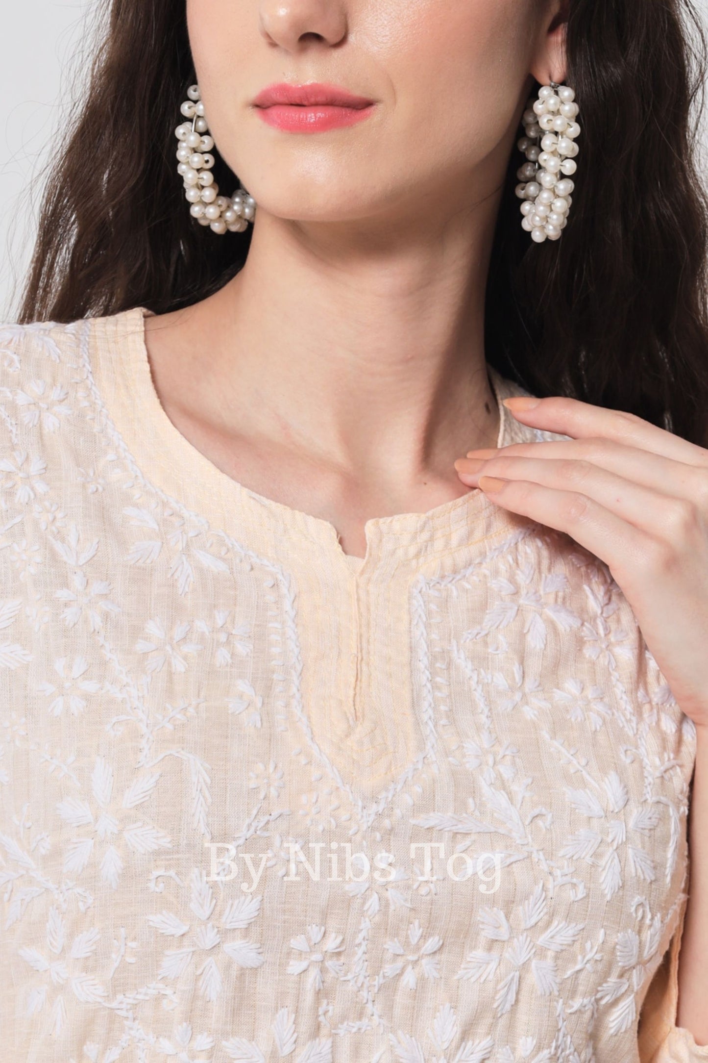 Peach Women's Straight Chikankari Kurta Cotton