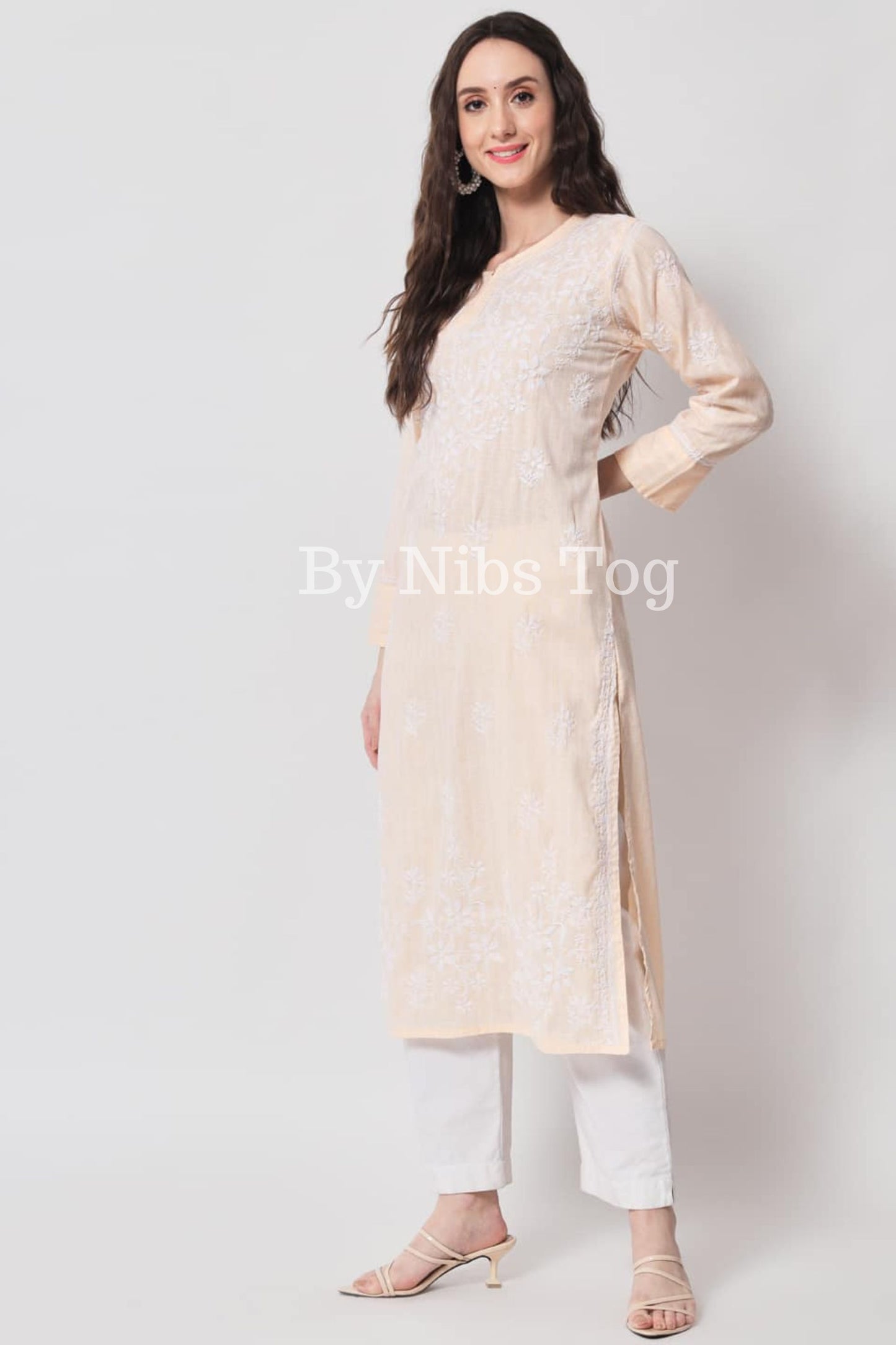 Peach Women's Straight Chikankari Kurta Cotton