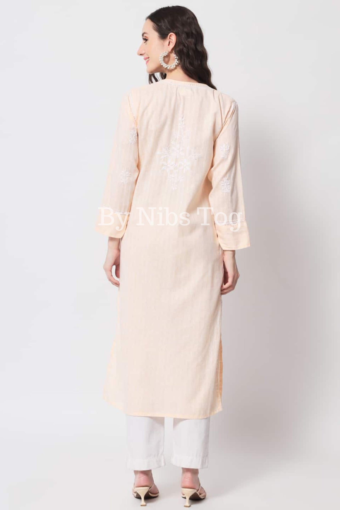 Peach Women's Straight Chikankari Kurta Cotton